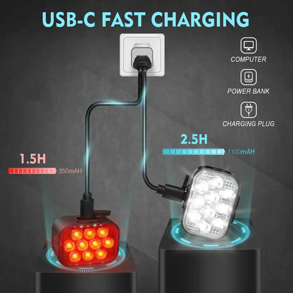 High-Performance 10 LED Waterproof Bicycle Light Set with Type-C Charging for Front and Rear Safety